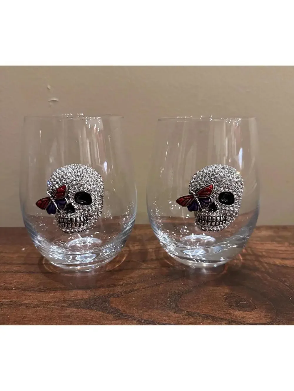 Pair Of Silver Skull With Butterfly Stemless Wine Glasses
